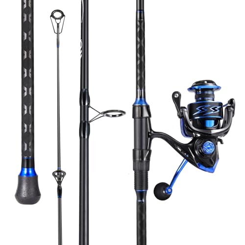 Sougayilang Surf Fishing Combo, 3-Piece Carbon Fiber Travel Rod, 4000 Spinning Reel, 20LB Drag, 5.2:1 Gear Ratio, 12+1 Bearings for Striped Bass, Redfish, Bluefish – Beach & Surf Casting