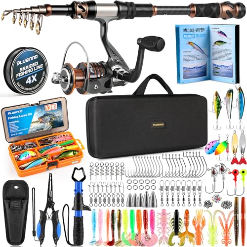PLUSINNO Fishing Rod and Reel Combo with Telescopic Fishing Pole, Portable Travel Fishing Rods Kit with Tackle Box Carrier Bag & Manuals, Fishing Gear Tool Kit for Freshwater, Fishing Gifts for Men