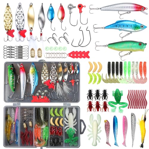 EXAURAFELIS Fishing Lures,Tackle Box with Tackle Included, Crankbaits, Spoon, Shrimp Worm Bait, Hooks,Weights & Other Accessories, Fishing Lures kit Lure Set for Bass Trout Salmon