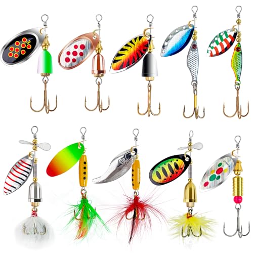 TB Tbuymax Fishing Spinner Baits for Freshwater and Saltwater, 10pcs Rooster Tail Fishing Lures & Spinning Spoons, Hard Metal Baits for Bass Trout Salmon with 2 Tackle Boxes